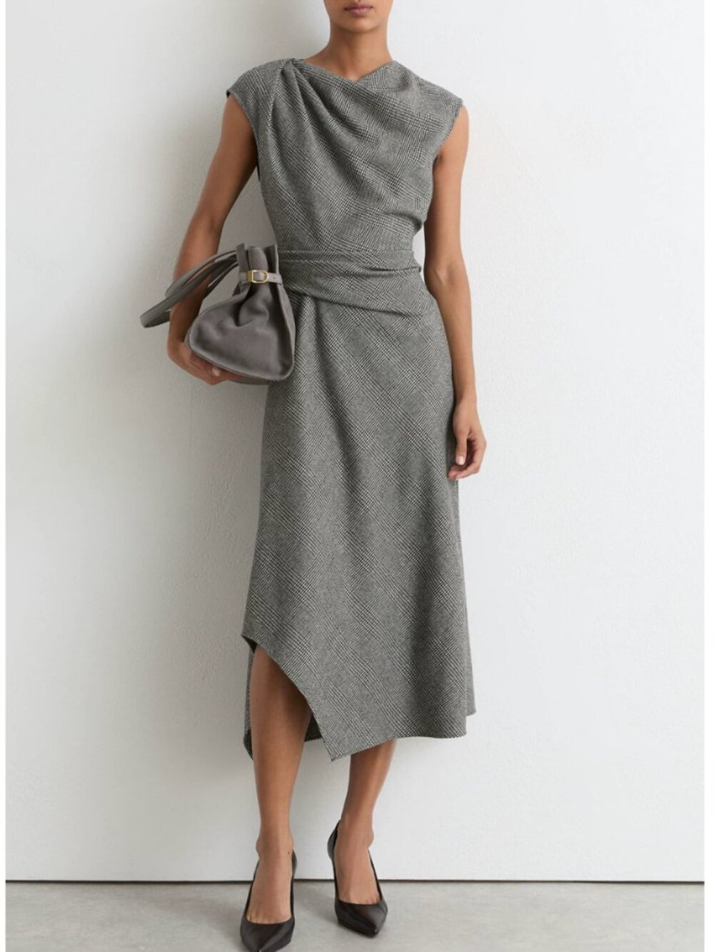 Reiss Clara Midi Dress Grey Check Wool-Blend Tailored Classic